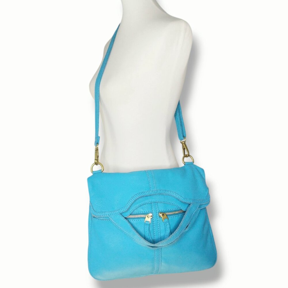 Fossil Erin Crossbody Bag Pebbled Leather Tide Blue Brass Zipper Fold Over